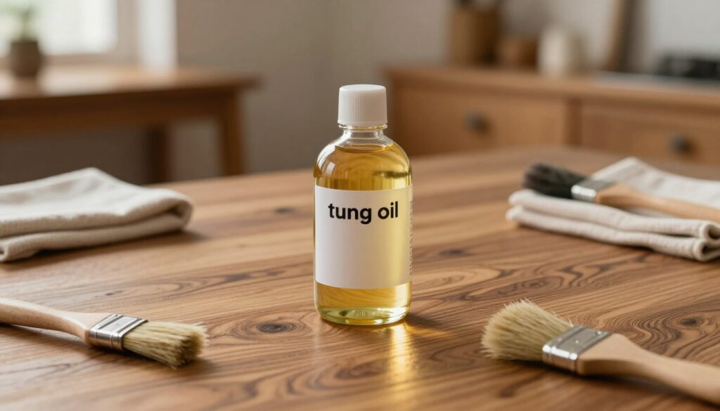 A beautifully arranged flat lay featuring a high-quality container of tung oil as the central focus. The container is glass with a sleek label, resting on a rich, textured oak wood surface that showcases the intricate grain patterns. Surrounding the oil, there are small brushes and cloths, hinting at the application process. In the background, softly blurred, a well-furnished workshop setting with warm, natural lighting enhances the atmosphere of craftsmanship and care. The light creates gentle reflections on the bottle and glistens off the wood, resulting in an inviting and serene ambiance. The overall mood suggests professionalism and dedication to preserving wood while emphasizing the importance of choosing the right oil for wood care. A beautifully arranged flat lay featuring a high-quality container of tung oil as the central focus. The container is glass with a sleek label, resting on a rich, textured oak wood surface that showcases the intricate grain patterns. Surrounding the oil, there are small brushes and cloths, hinting at the application process. In the background, softly blurred, a well-furnished workshop setting with warm, natural lighting enhances the atmosphere of craftsmanship and care. The light creates gentle reflections on the bottle and glistens off the wood, resulting in an inviting and serene ambiance. The overall mood suggests professionalism and dedication to preserving wood while emphasizing the importance of choosing the right oil for wood care.