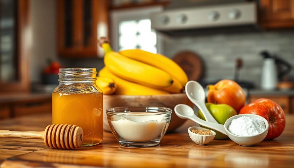 A beautifully arranged kitchen countertop featuring a variety of natural maple syrup substitutes, such as honey, agave nectar, coconut sugar, and fruit purees. In the foreground, a glass jar filled with golden honey and a wooden honey dipper, alongside a small bowl of creamy coconut sugar. The middle layer showcases vibrant fruits like ripe bananas and apples for purees, with elegant ceramic measuring spoons next to them. In the background, a soft-focus view of a rustic kitchen with warm wooden cabinets and subtle, diffused lighting emanating from a nearby window, creating a cozy and inviting atmosphere. The scene conveys a sense of culinary exploration and creativity in everyday cooking.