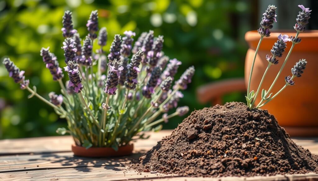 A beautifully arranged lavender plant in a terracotta pot, placed on a rustic wooden table. The foreground features vibrant, blooming lavender flowers, showcasing their delicate purple hues. In the middle ground, the textured soil is visible, highlighting the rich, well-draining substrate ideal for lavender growth. The background is softly blurred, suggesting a sunny garden setting with gentle green foliage that enhances the lavender's beauty. The lighting is warm and natural, casting soft shadows that create a serene and inviting atmosphere. The scene captures the essence of nurturing plants, emphasizing the importance of choosing the right soil while avoiding common mistakes in lavender care. A beautifully arranged lavender plant in a terracotta pot, placed on a rustic wooden table. The foreground features vibrant, blooming lavender flowers, showcasing their delicate purple hues. In the middle ground, the textured soil is visible, highlighting the rich, well-draining substrate ideal for lavender growth. The background is softly blurred, suggesting a sunny garden setting with gentle green foliage that enhances the lavender's beauty. The lighting is warm and natural, casting soft shadows that create a serene and inviting atmosphere. The scene captures the essence of nurturing plants, emphasizing the importance of choosing the right soil while avoiding common mistakes in lavender care.