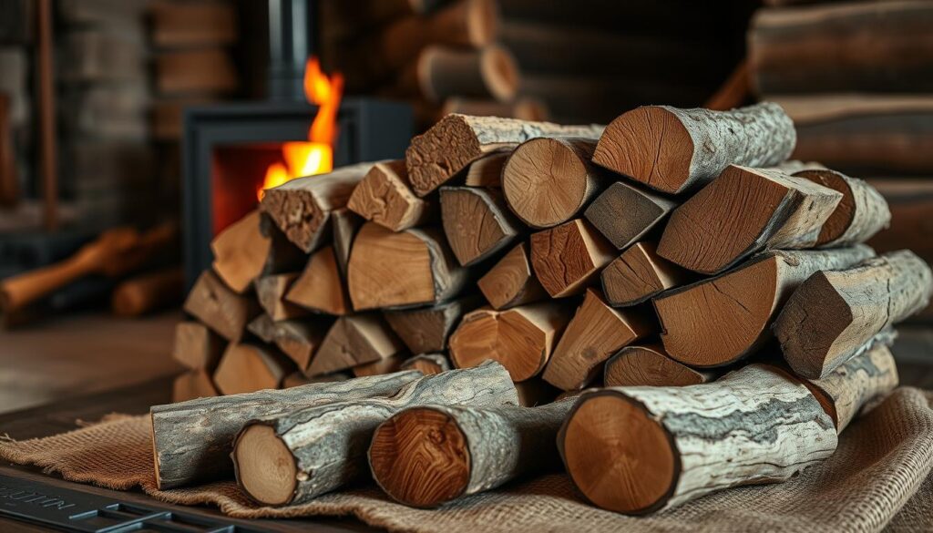 A beautifully arranged stack of firewood, the focal point of the image, showcases various types of wood such as oak, birch, and pine, highlighting their unique textures and colors. The stack is situated in a rustic, cozy setting, with a warm glow emanating from a nearby fireplace in the background, creating a comforting atmosphere. Soft, ambient lighting accentuates the grains and knots in the wood, while shadows play gently across the space. In the foreground, include a few freshly cut logs resting on a textured burlap cloth, adding a touch of natural elegance. The overall composition captures the essence of selecting the right fuel for efficient burning, inviting viewers to appreciate the importance of quality firewood in a serene, homey environment. The angle is slightly from above, giving a comprehensive view of the wood arrangement and the glowing ambiance of the fireplace.
