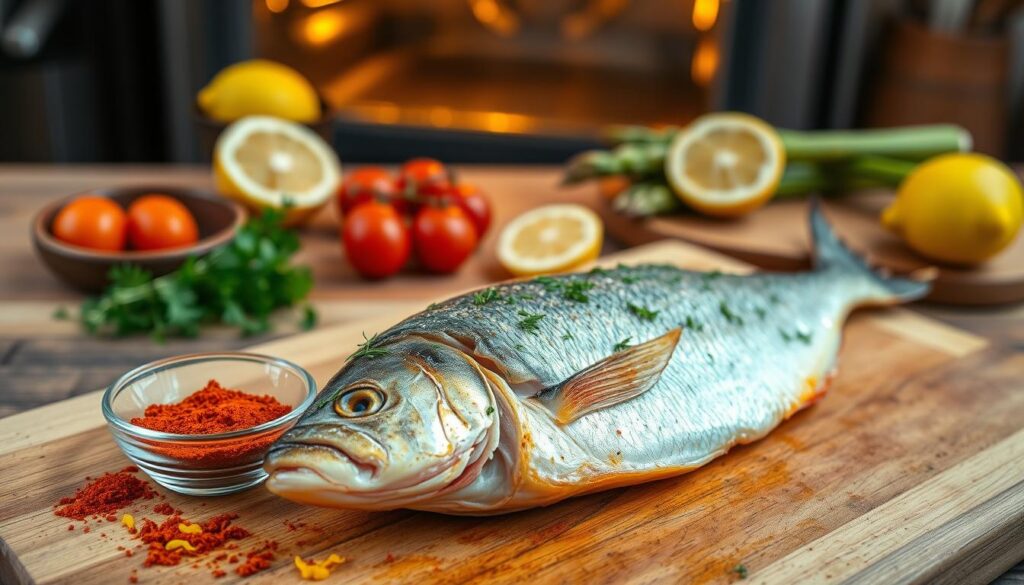 A beautifully baked fish, golden-brown and glistening, rests on a wooden cutting board in the foreground, garnished with fresh herbs like parsley and dill. Next to it, a small bowl of vibrant spice blends—paprika, lemon zest, and a hint of salt—captures attention. The middle of the scene features a rustic kitchen setting, complete with a wooden countertop and colorful vegetables like cherry tomatoes and asparagus alongside half-sliced lemons. A gentle, warm light illuminates the fish, creating a cozy atmosphere, with shadows softly cast on the surface to add depth. The background showcases a blurred view of an oven, hinting at the baking process. The overall mood is inviting and appetizing, ideal for highlighting the delicate flavors of baked fish and the art of seasoning. A beautifully baked fish, golden-brown and glistening, rests on a wooden cutting board in the foreground, garnished with fresh herbs like parsley and dill. Next to it, a small bowl of vibrant spice blends—paprika, lemon zest, and a hint of salt—captures attention. The middle of the scene features a rustic kitchen setting, complete with a wooden countertop and colorful vegetables like cherry tomatoes and asparagus alongside half-sliced lemons. A gentle, warm light illuminates the fish, creating a cozy atmosphere, with shadows softly cast on the surface to add depth. The background showcases a blurred view of an oven, hinting at the baking process. The overall mood is inviting and appetizing, ideal for highlighting the delicate flavors of baked fish and the art of seasoning.
