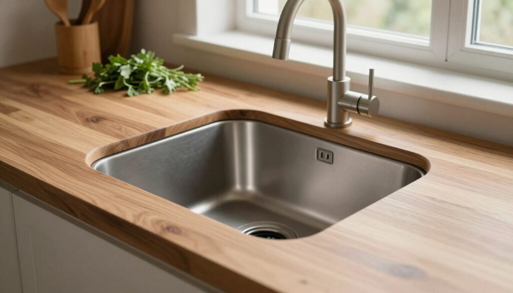 A beautifully crafted wooden kitchen countertop featuring a stylish undermount sink that seamlessly integrates with the wood's natural grain. In the foreground, show the sink with smooth curves, reflecting a blend of modern functionality and timeless elegance. The middle ground includes a polished wooden countertop adorned with rustic kitchen tools and fresh herbs, enhancing the practicality of the space. In the background, soft natural light filters through a window, casting a warm and inviting glow over the scene. The atmosphere feels comfortable and homely, ideal for practical kitchen use. Capture the essence of marrying style with functionality. The image should have a clean focus and a slightly elevated angle, showcasing the harmonious design of the sink within the wooden setting.