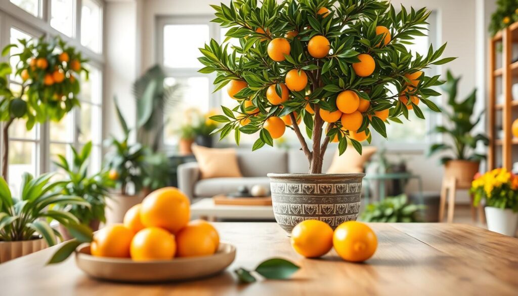 A beautifully designed interior featuring a thriving orange tree as the focal point. In the foreground, place a stylish wooden table adorned with vibrant citrus fruits like oranges and lemons. The middle section showcases the lush green leaves of the orange tree in a decorative pot, surrounded by bright, colorful houseplants that complement its beauty. In the background, soft, natural light filters through large windows, creating a warm and inviting atmosphere. The scene should evoke a feeling of harmony with nature, using a cozy color palette of greens and yellows. The perspective should be from a slight angle to capture the depth of the space, highlighting the connection between indoor gardening and home decor. Aim for a cheerful and fresh mood that inspires indoor citrus gardening.