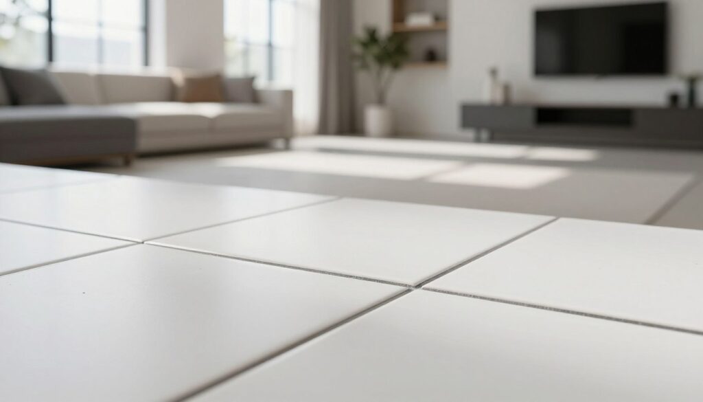 A beautifully designed room featuring stark white tiles with contrasting dark grout lines, emphasizing the elegant and stylish contrast. In the foreground, focus on a close-up of the tiles, showcasing the sharp edges and the clean lines of the dark spoiny within the pristine white surface. The middle ground includes a tastefully furnished interior, complete with minimalist decor that highlights the contrast between the tiles and the surroundings. The background is softly blurred, revealing a well-lit space with natural light flooding in through large windows, casting gentle shadows that enhance the textures. The mood is modern and sophisticated, evoking a serene atmosphere while showcasing the striking visual effect of the contrasting spoiny in this elegant setting. A beautifully designed room featuring stark white tiles with contrasting dark grout lines, emphasizing the elegant and stylish contrast. In the foreground, focus on a close-up of the tiles, showcasing the sharp edges and the clean lines of the dark spoiny within the pristine white surface. The middle ground includes a tastefully furnished interior, complete with minimalist decor that highlights the contrast between the tiles and the surroundings. The background is softly blurred, revealing a well-lit space with natural light flooding in through large windows, casting gentle shadows that enhance the textures. The mood is modern and sophisticated, evoking a serene atmosphere while showcasing the striking visual effect of the contrasting spoiny in this elegant setting.