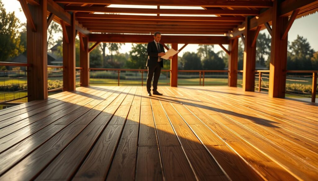 A beautifully designed wooden terrace elevated on sturdy wooden pillars, showcasing a seamless blend of craftsmanship and nature. Foreground features intricately laid wooden planks with natural grain patterns, glistening under warm afternoon sunlight. In the middle ground, a couple of professional individuals in business attire are examining blueprints and discussing construction plans, emphasizing legal and formal aspects of building a wooden terrace. The background reveals a peaceful garden setting with lush greenery and distant trees, creating a serene atmosphere. Soft shadows cast by the terrace create depth, and the golden hour lighting enhances the warmth of the wood, inviting a sense of reliability and structure. The angle is slightly elevated, capturing both the terrace and the engaged discussion, all in a clear, vibrant composition.