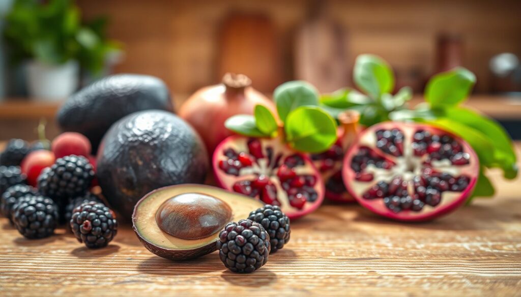 A close-up composition showing various fruits rich in zinc, such as avocados, blackberries, and pomegranates, arranged on a textured wooden surface. In the foreground, focus on the glistening surface of the fruits, highlighting their natural colors and textures with soft, diffused sunlight illuminating them. In the middle ground, display a vibrant green leafy plant, symbolizing the plant sources of zinc, like spinach and kale, subtly integrated into the composition. The background should be a blurred kitchen setting with earthy tones to create a warm, inviting atmosphere. The overall mood is natural and fresh, evoking a sense of health and vitality. Capture the image with a shallow depth of field, emphasizing the fruits while softly blurring the background elements.