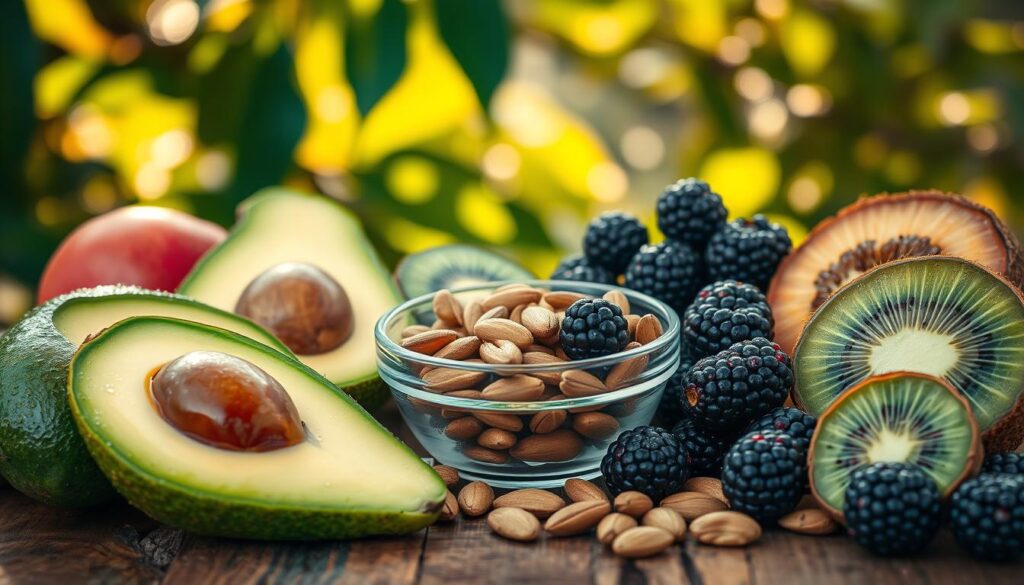 A close-up image of a variety of fresh fruits like avocados, blackberries, and kiwi, arranged artfully on a rustic wooden table. The foreground should display the vibrant colors and textures of the fruits, glistening with morning dew to emphasize their freshness. In the middle, include a small, transparent bowl filled with zinc-rich nuts and seeds to subtly indicate zinc supplementation. The background should feature a soft-focus, natural setting with green foliage and warm, diffused sunlight filtering through leaves, creating a serene and inviting atmosphere. The overall mood should convey a sense of health and abundance, with a focus on the fruits as a complementary source of zinc.