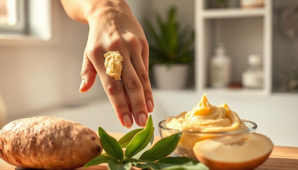 A close-up of delicate hands applying a potato-based face mask in a bright, well-lit bathroom setting. The hands, featuring soft, well-moisturized skin, gently smear a creamy, light-brown potato mixture onto the back of one hand, highlighting the texture of the mask. A freshly cut potato is visible in the foreground, alongside a small bowl filled with the mask, surrounded by natural elements like green leaves for a fresh ambiance. In the background, softly focused shelves display skincare items, adding a sense of wellness. The lighting is warm and inviting, creating a calming atmosphere suitable for a home spa experience, evoking feelings of care and rejuvenation.