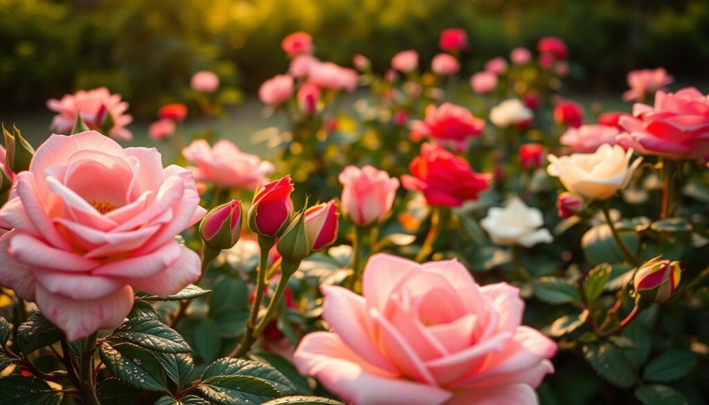 A close-up of vibrant, lush rose bushes showcasing a variety of blooming roses in different stages, emphasizing the lush green leaves and healthy buds. The foreground features delicate petals in soft shades of pink, red, and white, glistening with morning dew to convey freshness and vitality. In the middle ground, well-structured rose plants are arranged naturally, illustrating their growth potential. The background consists of a subtly blurred garden setting bathed in warm, golden morning light, creating a serene and inviting atmosphere. The lens captures details sharply, enhancing the texture of the petals and leaves, while providing a soft bokeh effect to the background, emphasizing the roses as the focal point of the image. The mood is tranquil, reflecting the beauty and importance of proper plant care and environment for nurturing rose buds.