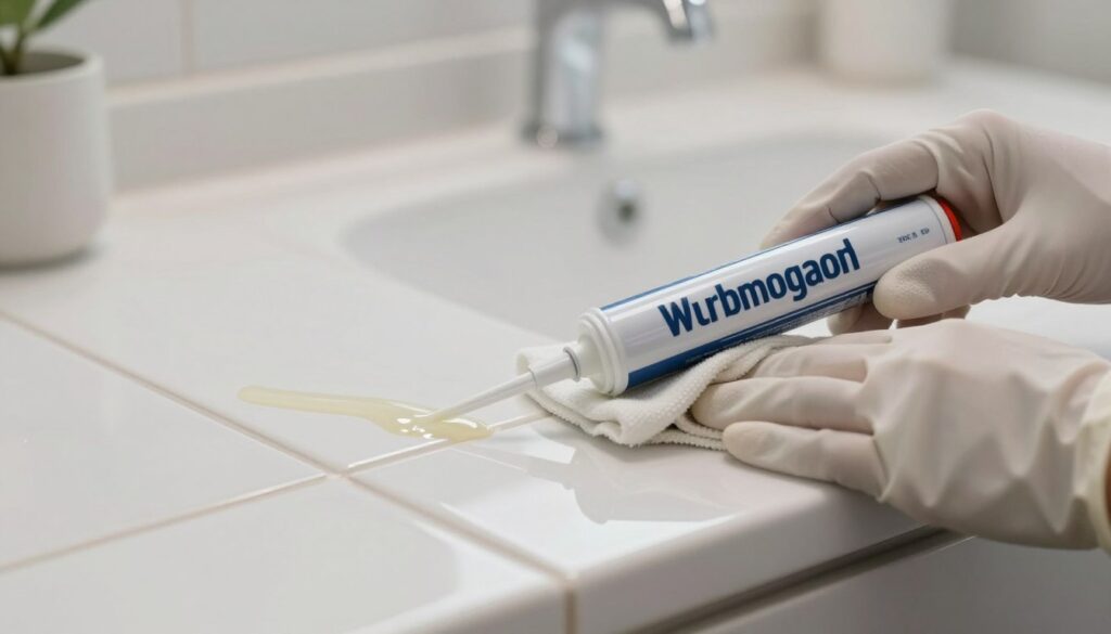 A close-up shot of a tiled surface, showcasing a fresh bead of silicone caulk being removed. In the foreground, a pair of gloved hands gently wiping the silicone with a cloth, demonstrating a careful and precise cleaning technique. The middle section features a gleaming ceramic tile, reflecting light, with the silicone residue glistening slightly. The background contains a softly blurred view of a modern bathroom with minimalistic decor, creating a clean and serene atmosphere. Soft, diffuse lighting highlights the textures of the tiles and silicone, evoking a sense of cleanliness and professionalism. The overall mood is instructional and focused, emphasizing careful handling to avoid surface damage.