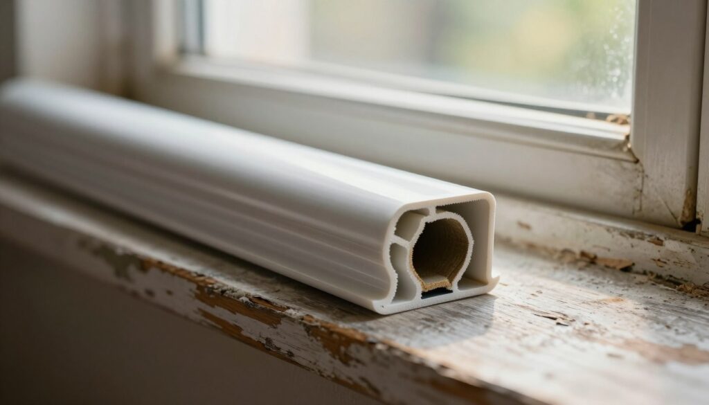 A close-up view of PVC overlays applied to an old, worn-out window sill, showcasing their fresh and revitalizing effect. In the foreground, the textures of the PVC overlays are highlighted, with a smooth, glossy finish that contrasts against the weathered wood of the sill. The middle background features a softly blurred window with natural daylight streaming in, creating a bright and inviting atmosphere. The scene captures a sense of renewal and simplicity, emphasizing the practicality of the PVC overlays in home improvement. The overall lighting is warm and natural, accentuating the colors and details of the materials. The angle is slightly tilted, offering a dynamic perspective on the transformation of the window sill.