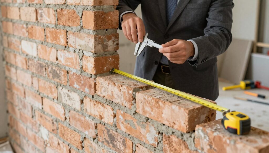 A close-up view of a brick wall, showcasing varying thicknesses of the mortar joints and bricks. The foreground features a measuring tape stretched against the wall, indicating precise measurements of the wall's thickness. In the middle ground, a professional-looking individual in business attire is examining the wall with a caliper tool, emphasizing the process of verification. The background includes construction tools and a partially opened wall, hinting at a renovation in progress. Soft, natural lighting illuminates the scene, creating a focused yet calm atmosphere, conveying the seriousness of assessing wall integrity before renovation. The composition should maintain a clean, organized look, free of distractions, to highlight the technical evaluation of wall materials.