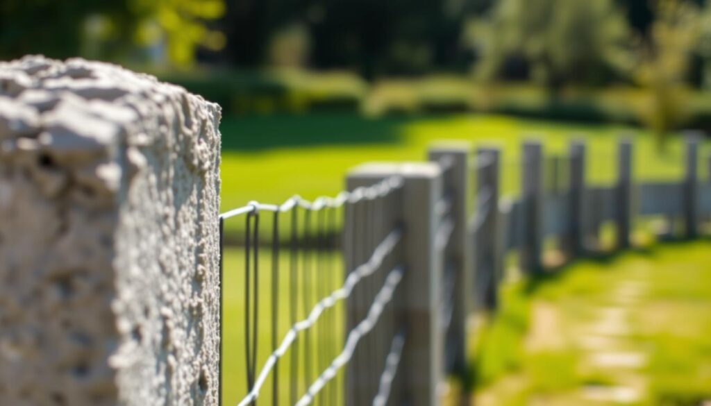 A close-up view of a concrete fence panel in an outdoor setting, showcasing its texture and sturdy construction. In the foreground, a detailed focus on the rough surface and edges of the panel, capturing light reflections for a realistic effect. In the middle ground, a partially completed fence line with additional panels in various heights, indicating a construction process. The background features a blurred garden landscape with green grass and a few trees, creating a serene atmosphere. Soft, natural daylight illuminates the scene, enhancing the concrete's grey tones. The image conveys a sense of durability and strength, reflecting the key factors that influence the pricing of concrete fencing.
