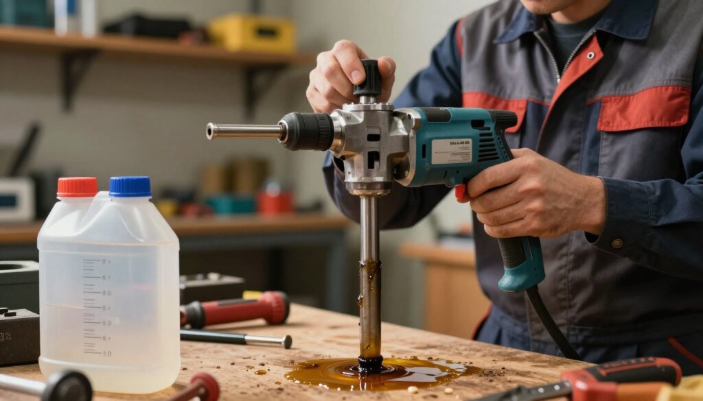A close-up view of a high-quality electric demolition hammer, glistening with fresh oil, surrounded by tools on a wooden workbench. In the foreground, a transparent oil container marked with measurement lines, reflecting the light from above. The middle ground features a focused technician in professional attire, inspecting the oil level and adjusting the oil fill cap with precision. Behind, blurred shelves filled with various tools and equipment create a workshop atmosphere. Soft, warm lighting highlights the metal components and oil's sheen, conveying a sense of professionalism and careful maintenance. The scene emphasizes the importance of regular oil checks for the efficient operation of demolition equipment.
