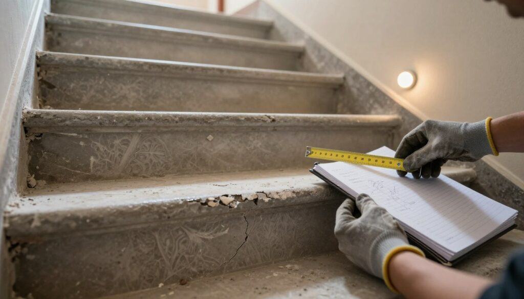A close-up view of a lastryko staircase in an older building, showcasing the surface condition for assessment. The foreground features the textured surface with visible cracks, chips, and discoloration, revealing the intricate patterns typical of lastryko. A pair of gloved hands holds a measuring tool, emphasizing a careful evaluation. In the middle, a notebook with notes and sketches on the side indicates planning for restoration. The background features soft, ambient lighting that illuminates the staircase, highlighting features like the step edges and surrounding walls. The atmosphere is professional and focused, reflecting a meticulous approach to assessing the staircase's technical state before renovation. The angle captures the stairs ascending, inviting a sense of progression and renewal. Overall, the image should evoke a sense of diligence and preparation in the restoration process.