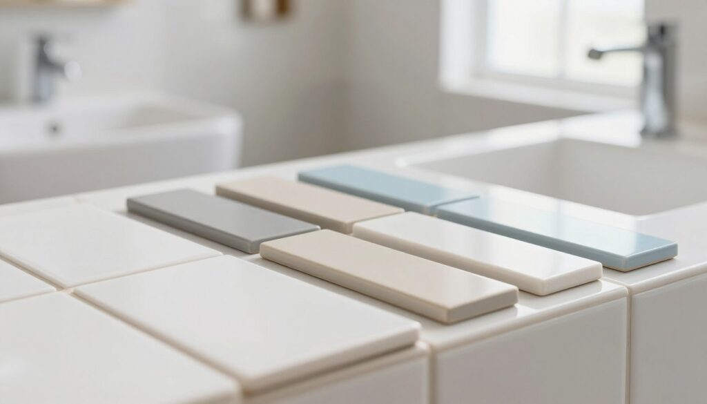 A close-up view of a pristine, white tiled surface showcasing various grout colors that enhance the aesthetic appeal of the tiles. In the foreground, display a smooth, white tile with a subtle sheen, while adjacent to it, a range of colored grouts—soft gray, light beige, and a pale blue—are artistically arranged to illustrate choices that complement the white tiles. The middle ground features a soft-focus background of a modern bathroom setting, illuminated by natural light streaming in from a window, creating a bright and inviting atmosphere. The overall mood is clean, fresh, and sophisticated, capturing the essence of a well-designed space. The angle is slightly elevated to provide a comprehensive view of the grout and tile interaction, without any text or distractions. A close-up view of a pristine, white tiled surface showcasing various grout colors that enhance the aesthetic appeal of the tiles. In the foreground, display a smooth, white tile with a subtle sheen, while adjacent to it, a range of colored grouts—soft gray, light beige, and a pale blue—are artistically arranged to illustrate choices that complement the white tiles. The middle ground features a soft-focus background of a modern bathroom setting, illuminated by natural light streaming in from a window, creating a bright and inviting atmosphere. The overall mood is clean, fresh, and sophisticated, capturing the essence of a well-designed space. The angle is slightly elevated to provide a comprehensive view of the grout and tile interaction, without any text or distractions.