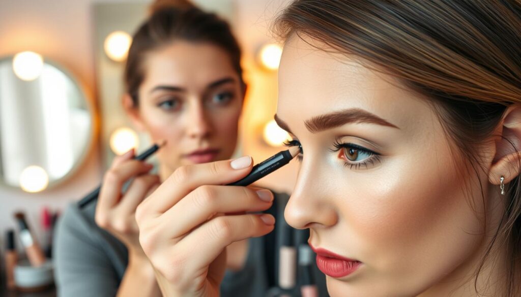 A close-up view of a professional makeup artist demonstrating techniques for filling in sparse eyebrows. In the foreground, the artist, a woman in smart casual attire, is applying eyebrow pencil with precision. Her expression is focused, showcasing artistry. In the middle ground, a well-lit vanity mirror reflects the eyebrows, with natural light illuminating the scene, enhancing the texture of the skin and hair. The background softly blurs, featuring neatly arranged makeup products and brushes, creating an inviting atmosphere. The warm ambiance evokes a sense of creativity and professionalism, highlighting the importance of technique for achieving natural-looking brows.