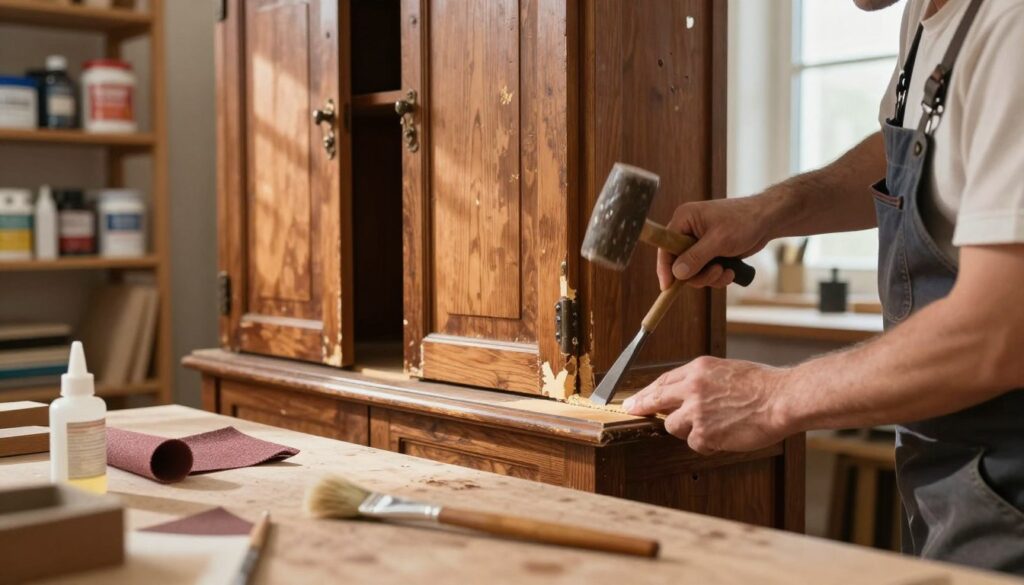 A close-up view of a skilled artisan in a well-lit workshop, carefully removing damage from a wooden surface of an antique wardrobe. The artisan, dressed in a simple yet professional outfit, is using a chisel and mallet to meticulously reshape and smooth the wood grain. In the foreground, scattered tools such as sandpaper, a wood glue bottle, and paintbrushes are visible, suggesting a thorough restoration process. The middle ground features the intricately detailed wooden wardrobe with visible wear, revealing its historical character. In the background, shelves lined with wood finishes and varnishes create a warm, inviting atmosphere, complemented by soft, natural light streaming through a window, casting gentle shadows and enhancing the texture of the wood. The overall mood conveys craftsmanship, dedication, and transformation.