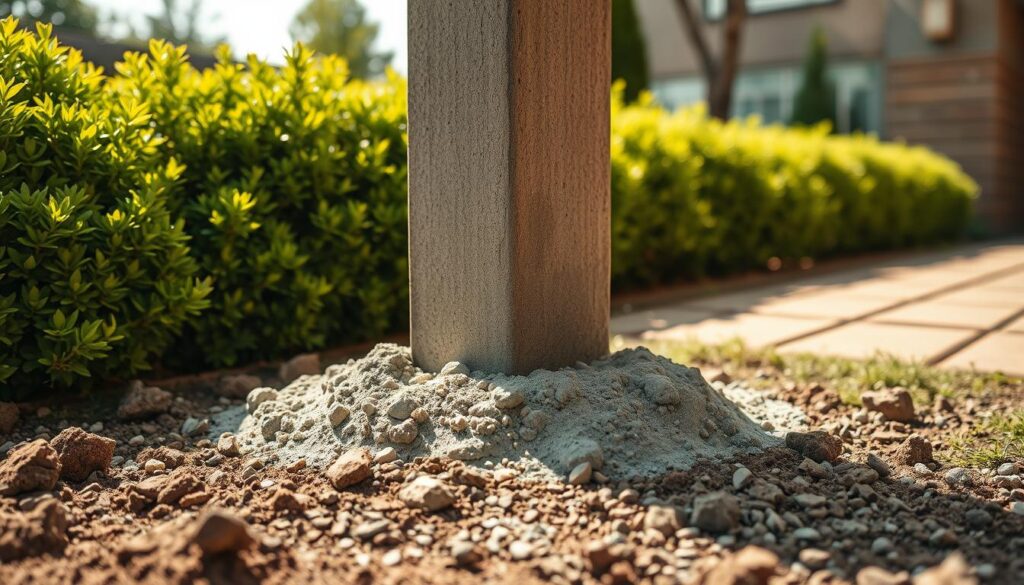 A close-up view of a solid concrete fence post, robustly embedded in the ground, showcasing its sturdy foundation. In the foreground, dirt and gravel are visible at the base, illustrating the preparation process for mixing cement. The middle ground features the fence post surrounded by freshly mixed cement, with a textured surface that glistens in soft, natural sunlight. In the background, an array of green shrubs and a well-maintained garden provide a serene and inviting atmosphere. The lighting is warm and evenly diffused, creating a sense of reliability and longevity. The camera angle is slightly low, emphasizing the strength of the post and the importance of a solid foundation for lasting durability, conveying a mood of assurance and stability.