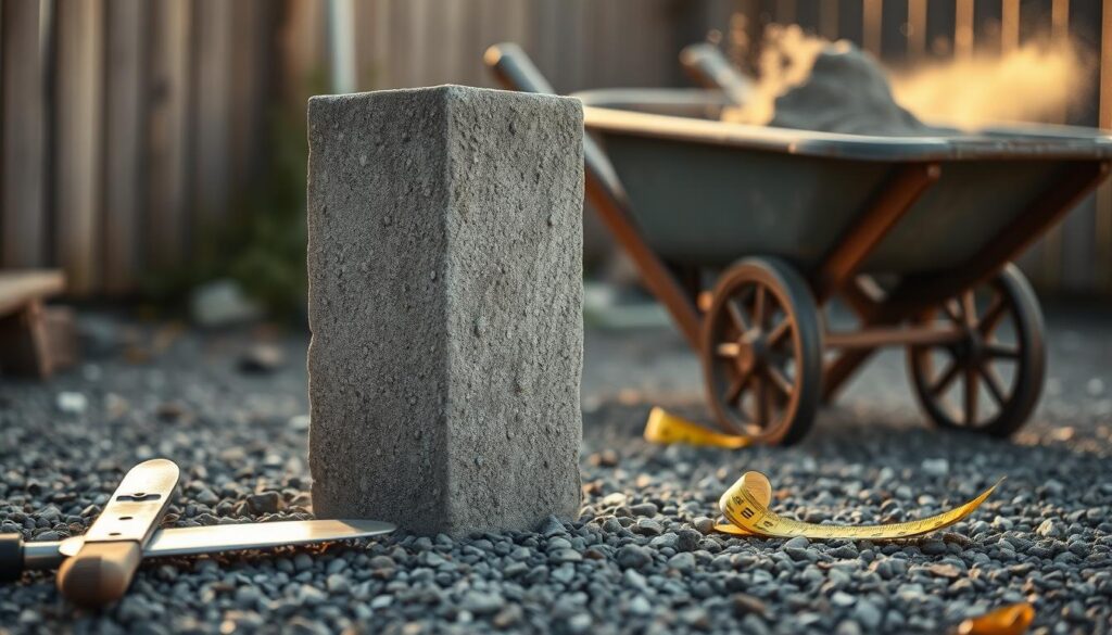 A close-up view of a sturdy, well-built garden fence post made of concrete, standing upright on a gravel surface. The post should show textures and details, highlighting its rough surface and structural integrity, with a slight weathering effect to signify exposure to the elements. In the foreground, small tools like a trowel and a measuring tape are laid beside the post, suggesting an ongoing construction project. The middle background features partially mixed cement in a wheelbarrow, with a touch of fine dust in the air indicating activity. The overall lighting is soft, with the warm glow of late afternoon sun casting gentle shadows, creating a calm and focused atmosphere. No text or additional elements are present.