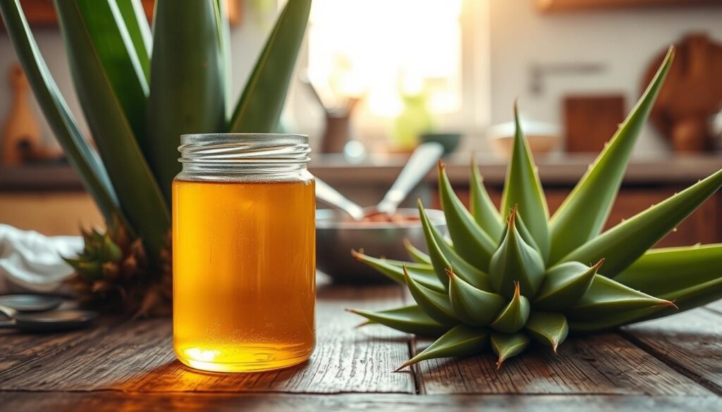 A close-up view of agave plants in a serene kitchen setting, showcasing the unique characteristics of agave nectar as a low glycemic index sweetener. In the foreground, a glass jar filled with golden agave syrup sits beside fresh agave leaves, their spiky textures highlighted by soft natural light. The middle ground features a rustic wooden table, with culinary tools like spoons and bowls partially visible, suggesting a cooking process. In the background, warm light filters through a window, illuminating an inviting kitchen atmosphere. The mood is wholesome and calm, evoking health-conscious cooking with an emphasis on natural ingredients. No text or overlays present, just a focus on the beauty of the agave and its culinary potential.