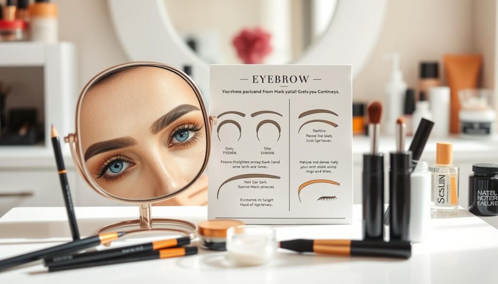 A close-up view of an elegantly styled eyebrow tutorial setup. In the foreground, various eyebrow makeup tools such as pencils, powders, and brushes neatly arranged next to a handheld mirror reflecting the brows of a model. The model has well-groomed, natural-looking eyebrows showcasing common makeup mistakes like overly dark lines, uneven shapes, and harsh edges. The middle ground displays an instructional poster highlighting these mistakes, such as excessive arch and sparse filling. The background is softly blurred, featuring a bright, well-lit vanity filled with beauty products. Soft natural lighting enhances the clarity and warmth of the scene, creating an inviting atmosphere that emphasizes the importance of proper eyebrow application techniques.