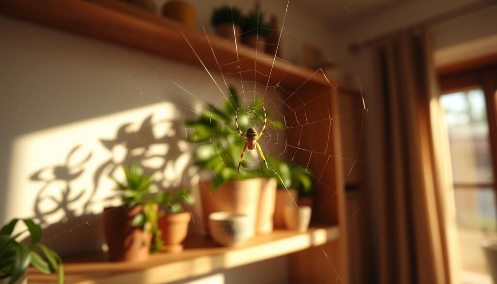A close-up view of house spiders elegantly weaving intricate webs in a cozy corner of a well-lit home environment. The foreground features a spider skillfully crafting its web, showcasing fine details of its delicate legs and the shimmering silk strands. In the middle, subtle shadows play across a wooden shelf adorned with potted plants, evoking a sense of natural harmony. The background includes soft, blurred elements of a warm, inviting room, such as a window with sunlight streaming in, creating a gentle ambiance. The lighting is warm and inviting, emphasizing the beauty of the spiders without evoking fear, conveying a mood of curiosity and appreciation for nature's role in our living spaces.