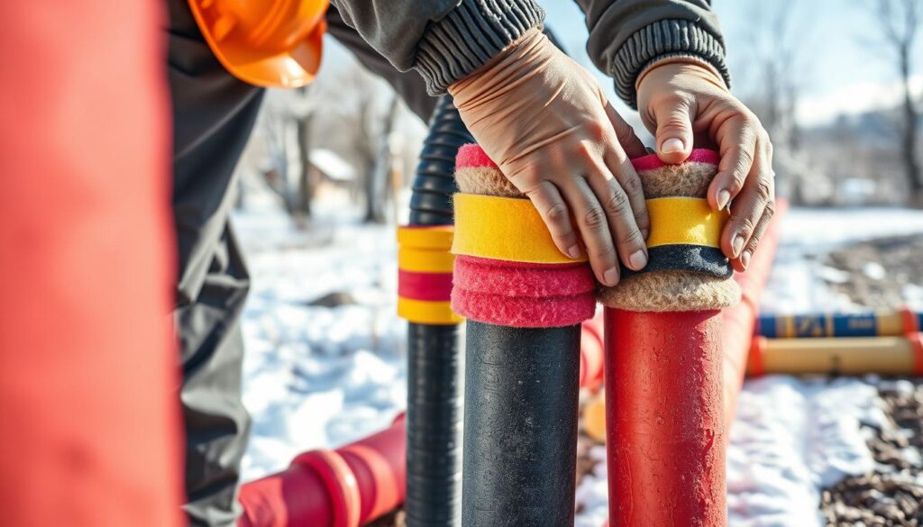 A close-up view of insulated outdoor water pipes, showcasing a skilled technician applying protective foam sleeves. In the foreground, the technician, dressed in a safety helmet and professional work attire, is carefully wrapping the pipes with vibrant, multi-colored insulation material. The middle ground features various completed sections of insulated pipes against a backdrop of a wintery outdoor setting, with subtle snow on the ground and frosty trees in the distance. The lighting is natural, bright, revealing the textures of the insulation and pipes. The focus is sharp on the technician's hands and the insulation process, creating a sense of professionalism and expertise in pipe protection techniques for cold weather.