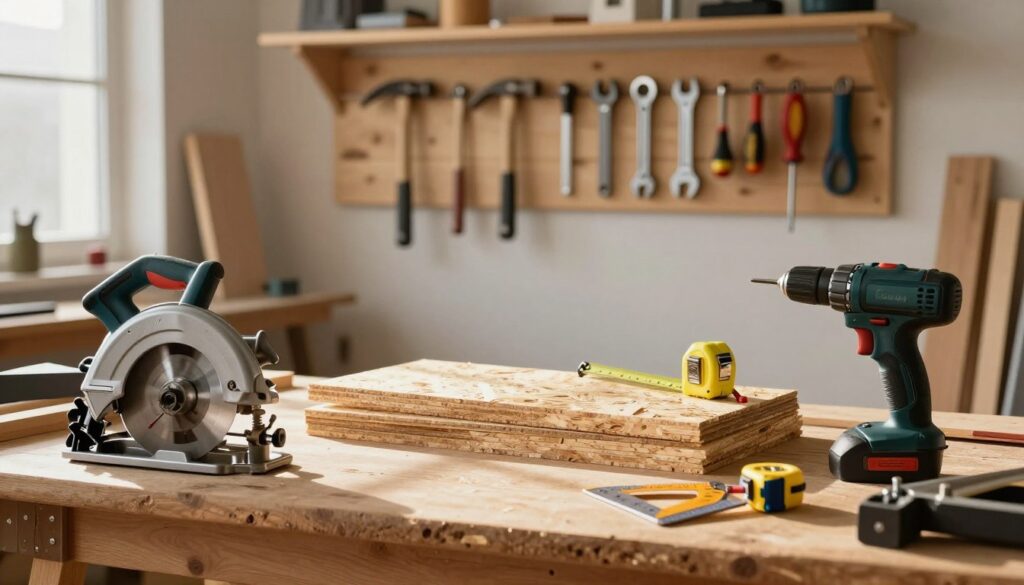 A collection of essential tools for building an OSB shelf, arranged on a wooden workbench in a well-lit workshop. In the foreground, show a circular saw, a power drill, and clamps, glimmering under soft, warm overhead light. In the middle, display sheets of OSB wood neatly stacked, along with a measuring tape and a carpenter’s square, emphasizing their importance. The background features a wall filled with neatly organized tool racks, showing a harmonious blend of woodworking tools like hammers, wrenches, and screwdrivers. The overall atmosphere is inviting and creative, reflecting a DIY spirit, with natural light streaming in through a window, casting gentle shadows across the scene. The composition captures the mood of craftsmen ready to start a project.