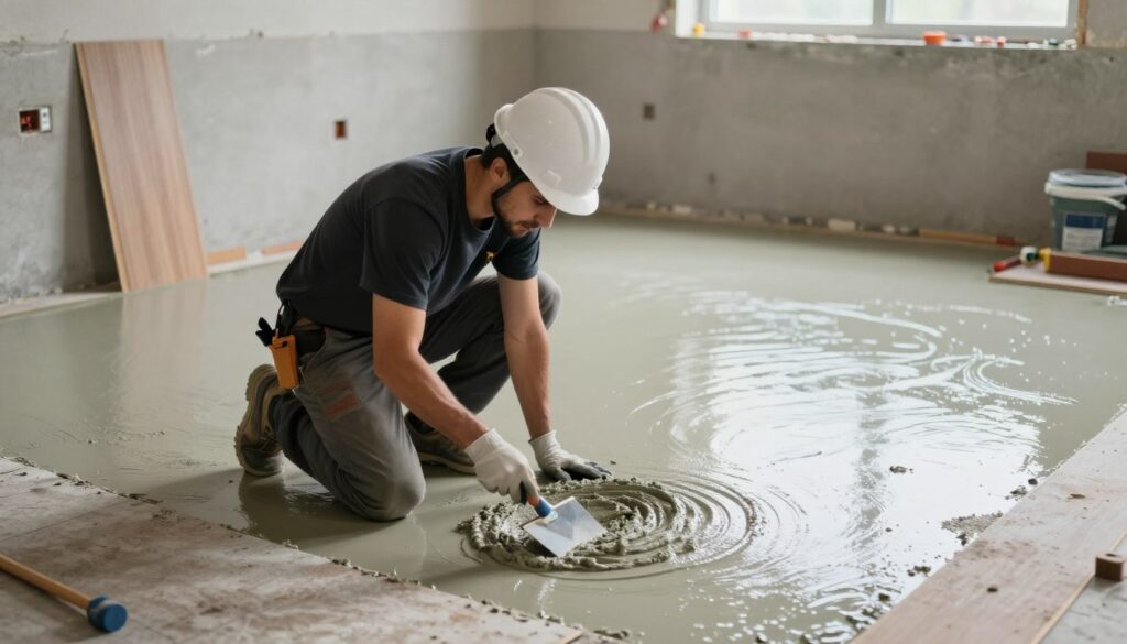 A construction scene depicting a professional contractor applying a self-leveling compound to a floor intended for laminate installation. In the foreground, the contractor is kneeling down, wearing safety gear including gloves and a hard hat, focused on spreading the liquid mixture with a trowel. The middle ground showcases the smooth, freshly poured self-leveling compound flowing evenly across the floor, with a slight sheen reflecting the overhead lights. The background features partially installed laminate panels resting against the wall, along with tools scattered around the site. Soft, natural lighting filters in through a nearby window, creating a calm yet industrious atmosphere, emphasizing the importance of achieving a level surface for a flawless floor finish.