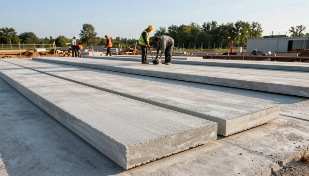 A construction site showcasing a newly installed concrete slab road is illuminated by soft, natural sunlight in the early morning. In the foreground, various large, interlocking concrete slabs, known as “płyty betonowe,” lie in an arranged manner, highlighting their texture and durability. The middle ground features construction workers in professional attire examining the slabs, with some using tools to ensure accurate placement. In the background, a clear blue sky meets a row of green trees, providing a serene backdrop. The scene captures a sense of progress and stability, with shadows cast gently across the concrete surface, emphasizing its robust structure. Focus on a slightly angled perspective to accentuate depth and the meticulous arrangement of the slabs.