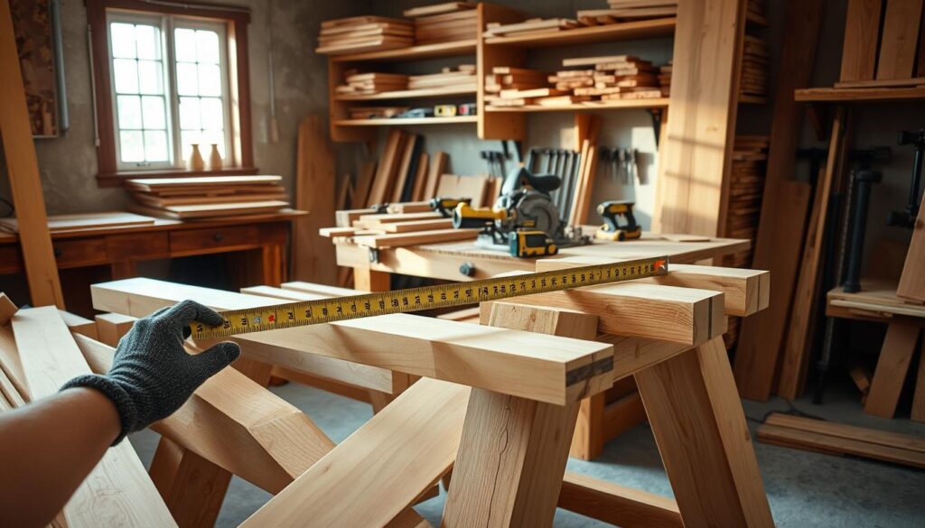 A construction workspace featuring a variety of wooden elements being prepared for assembly. In the foreground, neatly arranged wooden beams and boards, some being measured and cut with a saw. A pair of hands in modest gloves is holding a measuring tape, ensuring precise dimensions. In the middle, a sturdy workbench is cluttered with tools like a level, clamps, and a circular saw, giving a sense of an active project. The background reveals shelves filled with additional lumber and organized tools, with warm, natural lighting streaming in from a nearby window, casting soft shadows. The atmosphere is focused and industrious, reflecting a professional preparation process for building a stable and comfortable sawhorse.