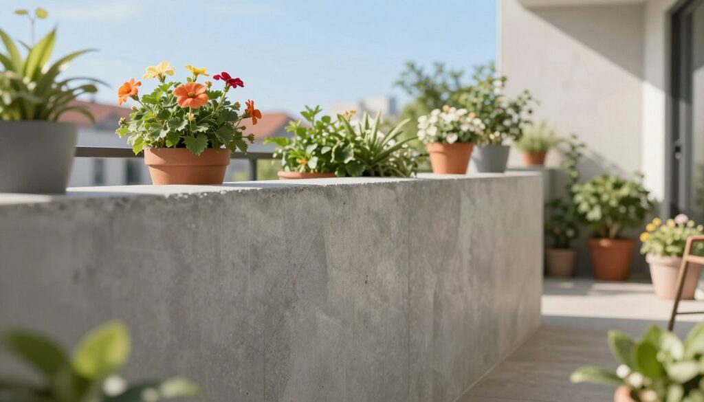 A cozy balcony scene featuring a stylish, modern concrete wall serving as a low parapet instead of a traditional railing. In the foreground, focus on the textured surface of the murek, showcasing its smooth, grey finish and subtle geometric patterns. The middle ground displays potted plants, such as vibrant flowers and lush greenery, adding a touch of nature and warmth. In the background, a soft, sunlit urban landscape with a clear blue sky enhances the overall ambiance. The lighting is bright yet gentle, casting soft shadows that create depth. The angle is slightly elevated, capturing both the murek and the lively balcony atmosphere. The mood is inviting and serene, perfect for a relaxing outdoor space.