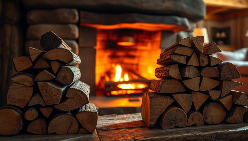 A cozy fireplace scene featuring various alternative stacking techniques for logs, illustrating how to efficiently arrange wood for longer, warmer burns. In the foreground, showcase a neatly stacked arrangement of logs in different patterns, including the traditional crisscross and a tiered structure. The middle ground should depict a rustic, hand-crafted fireplace, with glowing embers and soft flames providing warm illumination. In the background, a warmly lit room with wooden beams and comfortable seating, creating an inviting atmosphere. Use warm, natural lighting to enhance the ambiance, and focus close-up on the wood arrangement, capturing textures and details. Aim for a serene and homely feeling, inviting viewers to explore creative ways to stack wood in their own fireplaces.