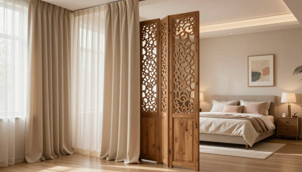 A cozy interior scene showcasing a stylish bedroom and living room separation using elegant curtains and a decorative room divider. In the foreground, soft, flowing curtains in a warm beige tone gently frame a large window, allowing soft natural light to filter in. The middle ground features a beautifully designed wooden room divider, intricately carved, dividing the two spaces while maintaining an open feel. In the background, a serene bedroom with soft pastel décor is visible, complemented by a plush bed and tasteful artworks. The atmosphere is calm and inviting, with a focus on modern design and functionality. The lighting is warm and diffused, highlighting textures and colors, creating a harmonious and inspiring living space. A cozy interior scene showcasing a stylish bedroom and living room separation using elegant curtains and a decorative room divider. In the foreground, soft, flowing curtains in a warm beige tone gently frame a large window, allowing soft natural light to filter in. The middle ground features a beautifully designed wooden room divider, intricately carved, dividing the two spaces while maintaining an open feel. In the background, a serene bedroom with soft pastel décor is visible, complemented by a plush bed and tasteful artworks. The atmosphere is calm and inviting, with a focus on modern design and functionality. The lighting is warm and diffused, highlighting textures and colors, creating a harmonious and inspiring living space.
