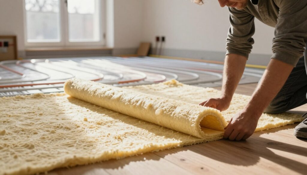 A cozy interior scene showcasing the installation of underfloor heating with polystyrene insulation. In the foreground, a professional installer in modest casual clothing expertly lays down sheets of thick polystyrene foam over the subfloor, highlighting the meticulous arrangement to prevent thermal bridges. The middle ground features a partially installed underfloor heating system with visible heating pipes, emphasizing their careful placement. The background reveals a well-lit room with large windows, allowing natural light to illuminate the space, enhancing the inviting atmosphere. Soft shadows cast across the floor create a sense of warmth and comfort, while a subtle focus on the ground highlights the details of the insulation process.