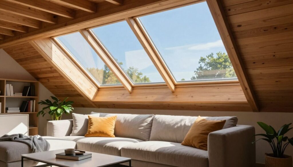 A cozy, modern attic room bathed in soft, natural sunlight filtering through stylish angled skylights. The foreground features a comfortable lounge area with a plush, neutral-colored sofa adorned with bright cushions and a sleek coffee table, set against a backdrop of wooden beams. In the middle, the eye-catching skylights dominate the scene, showcasing clear blue skies and hints of greenery outside while creating a warm, inviting atmosphere. The background includes a neatly organized bookshelf and a vibrant indoor plant, bringing life to the space. The image captures a sense of tranquility and coolness, highlighting the importance of skylights in maintaining thermal comfort during hot summer months, with a focus on light, space, and modern design elements.