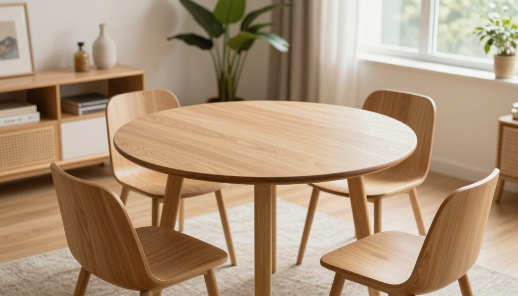 A cozy small living room featuring a strategically placed space-saving table. In the foreground, the table is round and elegant, made of light wood, with stylish yet compact chairs surrounding it. In the middle, a soft rug adds warmth, while a lush indoor plant brings life to the room. In the background, a minimalist shelving unit holds decorative items, and a large window allows natural light to filter in, creating a bright and inviting atmosphere. The lighting is warm and soft, enhancing the sense of comfort. The camera angle is slightly elevated, focusing on the table and its arrangement to showcase the optimal use of space in a small room. The overall mood is serene and functional, demonstrating a perfect blend of style and practicality.