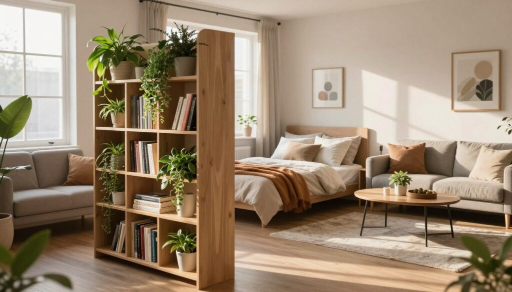 A cozy, small living space that effectively separates a bedroom and a living room, featuring a stylish partition. In the foreground, a decorative bookshelf serves as a divider, showcasing plants and books. The middle ground includes a neatly made bed adorned with soft pillows and a warm blanket, adjacent to the partition. The living area features a modern sofa with a chic coffee table and a rug, arranged to create a welcoming atmosphere. Soft, natural light filters through large windows, casting warm shadows across the room. The color palette consists of neutral tones with splashes of greenery. The overall mood is tranquil and inviting, perfect for a small apartment setting. A cozy, small living space that effectively separates a bedroom and a living room, featuring a stylish partition. In the foreground, a decorative bookshelf serves as a divider, showcasing plants and books. The middle ground includes a neatly made bed adorned with soft pillows and a warm blanket, adjacent to the partition. The living area features a modern sofa with a chic coffee table and a rug, arranged to create a welcoming atmosphere. Soft, natural light filters through large windows, casting warm shadows across the room. The color palette consists of neutral tones with splashes of greenery. The overall mood is tranquil and inviting, perfect for a small apartment setting.
