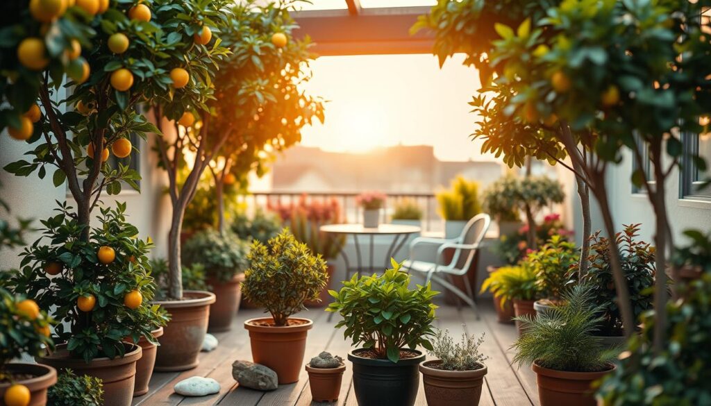 A cozy small terrace adorned with potted trees, showcasing a variety of lush greenery such as small citrus trees and ornamental shrubs. In the foreground, vibrant, well-cared-for pots sit on a wooden deck, with a few decorative stones scattered around. The middle ground features a charming table and chairs, providing a perfect spot for relaxation under the shade of the trees. In the background, a soft, pastel sunset casts a warm golden light, enhancing the tranquil atmosphere. The scene is framed by soft bokeh effects, creating a dreamy quality. The overall mood is serene and inviting, perfect for a peaceful outdoor retreat. The image captures a harmonious blend of nature and comfortable living, emphasizing the beauty of cultivating trees in pots on a small terrace.