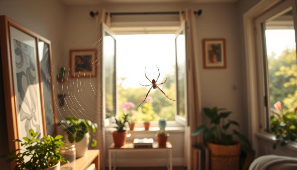 A cozy, well-lit interior of a home featuring various common household spiders like the house spider and cellar spider. In the foreground, a spider is delicately spinning a web between a potted plant and a picture frame, showcasing intricate details of its silk. The middle ground includes a small bookshelf with plants, books, and an open window, allowing soft, warm sunlight to stream in, creating a serene atmosphere. In the background, a glimpse of a garden can be seen through the window, with flowers and greenery, hinting at the natural environment outside. The overall mood is peaceful and informative, highlighting the role of these arachnids in both homes and gardens, captured from a slightly low angle to emphasize the spider's activity and the inviting space around it.