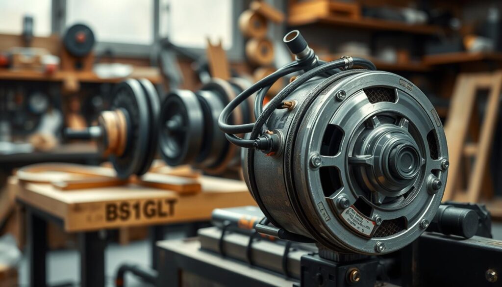 A detailed and realistic electric motor specifically designed for a wood splitter, showcasing its intricate components and engineering. In the foreground, highlight the electric motor with visible wiring and connectors, capturing the texture of the metal casing. In the middle ground, include related parts like belts and pulleys, integrating them into the overall structure of the wood splitter. The background should feature a workshop setting, with workbenches and tools softly blurred to keep focus on the motor. Use soft, ambient lighting to create a professional and technical atmosphere, emphasizing the mechanical details. Shoot from a slightly elevated angle to convey depth, ensuring the image is clear and informative without any text or additional elements.
