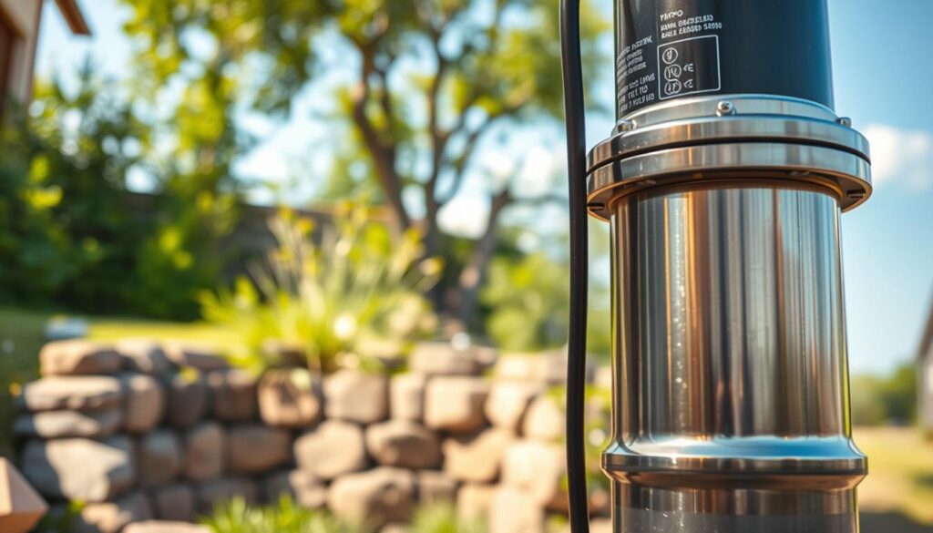 A detailed and realistic image of a submersible well pump (pompa głębinowa) in a domestic setting. In the foreground, showcase the pump, highlighting its metallic body with visible pipes and electrical components, glistening under soft, warm lighting. In the middle background, depict a drilled well with rustic stonework, surrounded by lush greenery reflecting a care for home and garden needs. The background features a clear, bright sky, suggesting an inviting atmosphere. Use a shallow depth of field to focus on the pump while slightly blurring the surrounding details, creating a professional look. Emphasize textures and materials, capturing the technical essence of the device to convey crucial parameters effectively. A detailed and realistic image of a submersible well pump (pompa głębinowa) in a domestic setting. In the foreground, showcase the pump, highlighting its metallic body with visible pipes and electrical components, glistening under soft, warm lighting. In the middle background, depict a drilled well with rustic stonework, surrounded by lush greenery reflecting a care for home and garden needs. The background features a clear, bright sky, suggesting an inviting atmosphere. Use a shallow depth of field to focus on the pump while slightly blurring the surrounding details, creating a professional look. Emphasize textures and materials, capturing the technical essence of the device to convey crucial parameters effectively.
