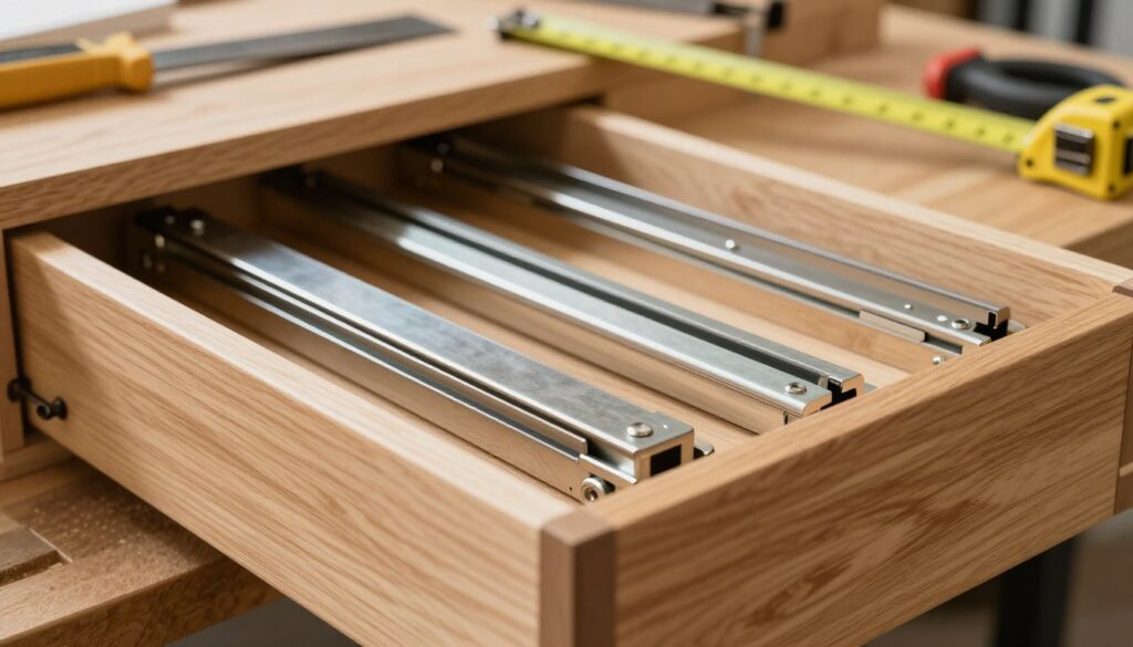 A detailed close-up of workbench drawer components, showcasing meticulously crafted wooden drawer slides and the main body of the drawer. The foreground reveals a smooth oak wood finish, emphasizing the craftsmanship and attention to detail in the joinery. In the middle ground, neatly assembled metal glides hint at their mounting points, displaying a practical approach to increasing functionality. The background is softly blurred, featuring tools such as a measuring tape and hand saw, adding context to a workshop environment. Bright, even natural lighting highlights the textures of wood and metal, while a slight overhead angle enhances the technical assembly aspect. The overall atmosphere conveys a sense of order and efficiency, ideal for illustrating the topic of drawer enhancements for a workshop table.