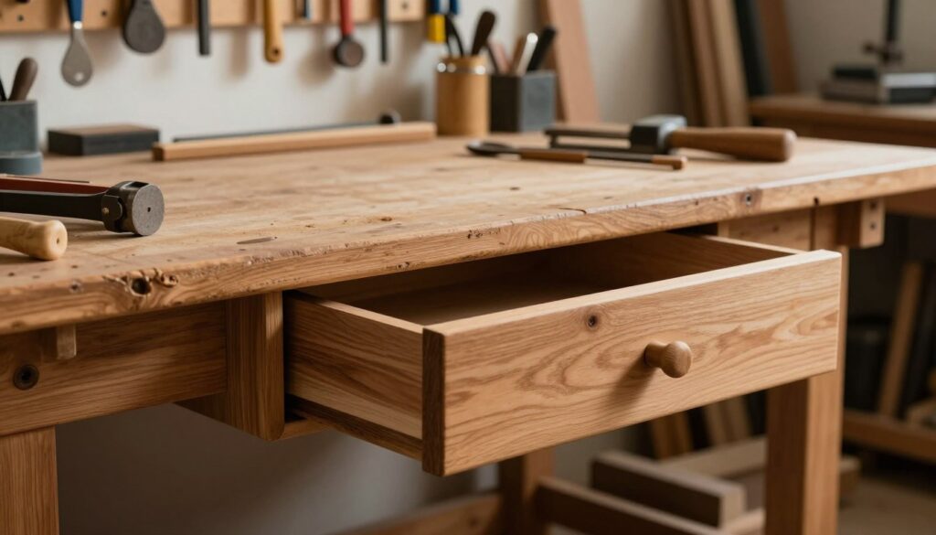 A detailed, close-up view of a workshop table featuring custom-built drawers. The foreground showcases sturdy wooden drawer fronts with finger pulls, displaying a finely sanded finish and a warm, natural wood tone. In the middle, the workshop table is filled with organized tools and materials, emphasizing practicality and order, with a raw wood surface and a neatly arranged workspace. The background includes a softly lit workshop environment, with tools hanging on the wall and a hint of a workbench, creating an immersive setting. The overall atmosphere is one of craftsmanship and efficiency, with warm, ambient lighting providing a welcoming and productive vibe.