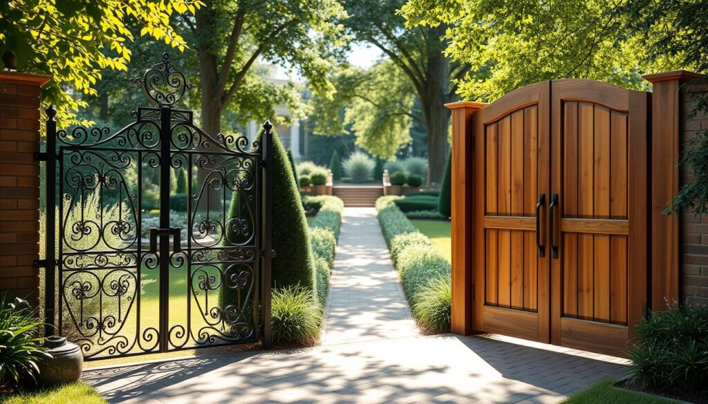 A detailed comparison of double-wing gates in an elegant garden setting. In the foreground, showcase two distinct types of double-wing gates made from different materials: one in robust wrought iron, intricately designed with decorative scrollwork, and the other in sleek, modern cedar wood, featuring clean lines and natural grain. In the middle ground, display a contrasting pathway lined with lush greenery, leading to each gate, enhancing the ambiance. In the background, a soft-focus view of the garden's landscape, with sunlight streaming through leaves, creating gentle dappled shadows. The scene is bathed in warm, natural lighting, captured from a slightly low angle to emphasize the gates' height and craftsmanship. The mood is serene and informative, aimed at illustrating material durability and aesthetic appeal.