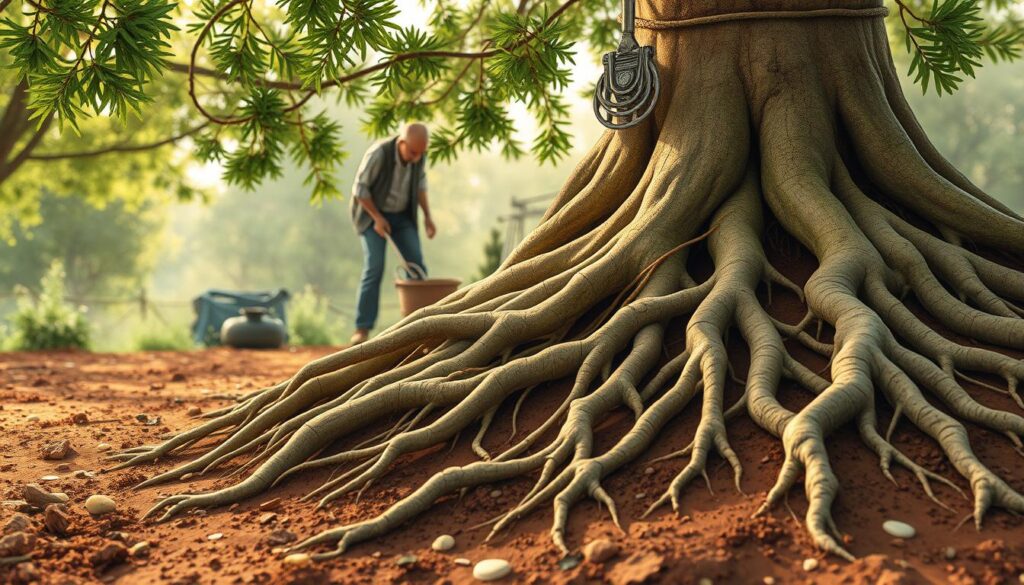 A detailed illustration of a tree root system, showcasing the intricate and sprawling network of roots in rich, earthy soil. In the foreground, depict the robust roots of a mature thuja tree, emphasizing their strong, fibrous structure, intertwined with small pebbles and organic matter. In the middle ground, portray a gardener gently excavating the roots with a garden fork, dressed in professional attire, focused on ensuring the integrity of the root system. In the background, capture a serene garden environment with soft, dappled sunlight filtering through leafy branches, enhancing the atmosphere of a peaceful gardening task. The image should evoke a sense of care and precision in horticulture, highlighting the importance of proper planting techniques.