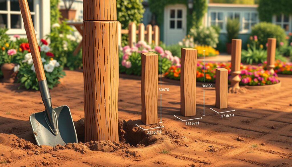 A detailed illustration of a wooden post (palisade) being buried into the soil, showing different depths based on its height. In the foreground, display a shovel beside the partially buried post, indicating the digging process. In the middle ground, illustrate the post at various heights with corresponding depth markers next to each one, highlighted for clarity. The background features a quaint garden with flower beds and lush greenery to give context to the setting. The lighting is warm and sunny, creating a cheerful and inviting atmosphere. Use a slight tilt-angle camera view to provide depth and perspective to the scene, ensuring focus on the palisade and its placement in the earth.