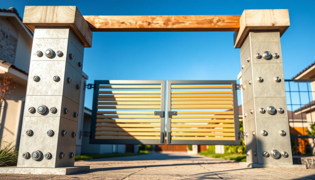 A detailed illustration of robust support columns for double-leaf gates, showcasing their critical role in providing stability to the entire structure. In the foreground, focus on two solid, rectangular support columns made of galvanized steel, designed with intricate bolts and reinforcements, emphasizing durability. The middle ground features a double-leaf gate partially opened, constructed from horizontal slats, displaying the mechanism connecting to the columns. In the background, a serene residential setting with a clear blue sky enhances the structural integrity portrayed. The sunlight casts soft shadows, creating a warm, inviting atmosphere, captured with a moderate depth of field to keep the focus on the columns and gate. The angle is slightly elevated, providing a comprehensive view of both the columns and the gate's functionality, devoid of any text or distractions.