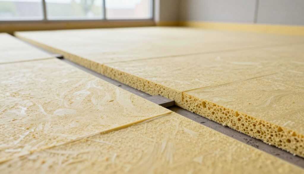 A detailed illustration of the concept of "peripheral expansion joint" for expanded polystyrene (EPS) used in floor constructions. In the foreground, a close-up view of EPS panels with clear visible joints, demonstrating the proper installation method. In the middle ground, a partially completed floor with insulation layers, showing gaps for expansion joints, ensuring a smooth, level surface free of thermal bridges. The background features a spacious room with large windows allowing natural light to pour in, enhancing the atmosphere of a professional building site. The lighting is bright and clear, with soft shadows to emphasize the textures of the EPS material. The camera angle is slightly elevated, providing an overhead perspective to capture the intricacies of the installation process.